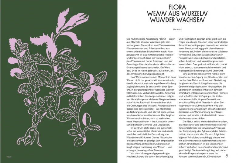 Doppelseite: links eine rosa Pflanzenillustration auf dunkelgr&uuml;nem Grund, rechts der Vorworttext