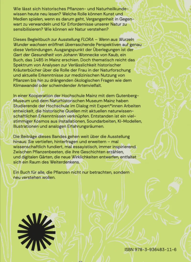 Buchr&uuml;ckseite auf hellgr&uuml;nem Grund mit Klappentext zur Publikation, dem Flora-Signet und der ISBN 978-3-936483-11-6