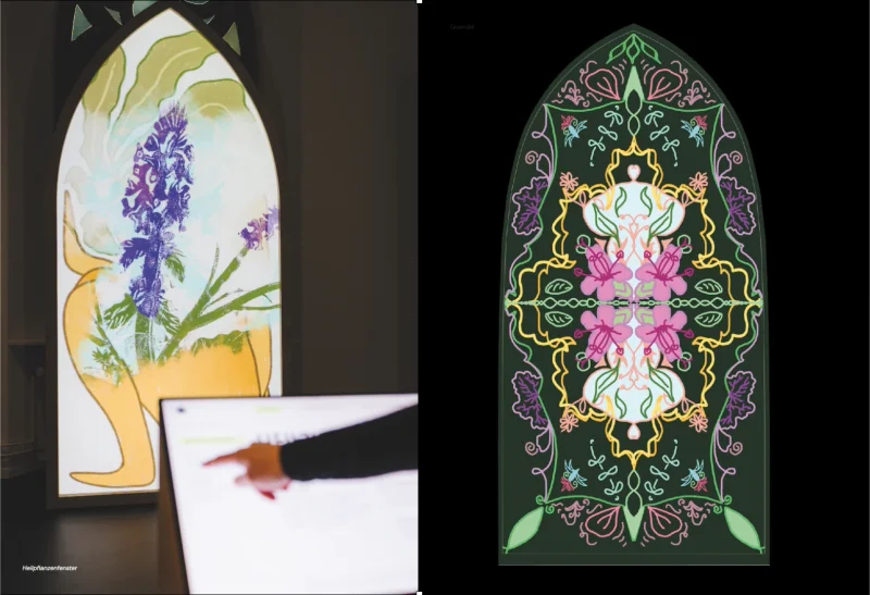 Doppelseite mit zwei Fenstermotiven in Spitzbogenform, links eine helle Projektion, rechts ein florales Ornament auf Dunkelgr&uuml;n