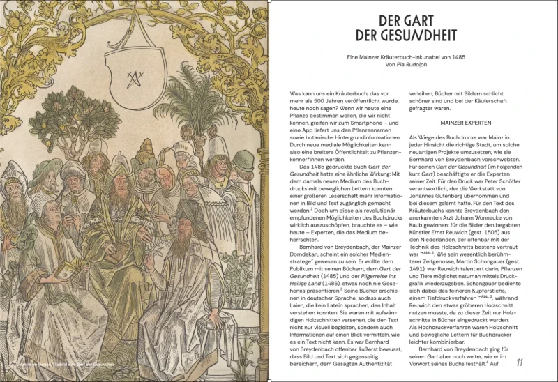 Kapitelauftakt &raquo;Der Gart der Gesundheit&laquo; von Pia Rudolph, links ein kolorierter Holzschnitt aus dem Kr&auml;uterbuch von 1485